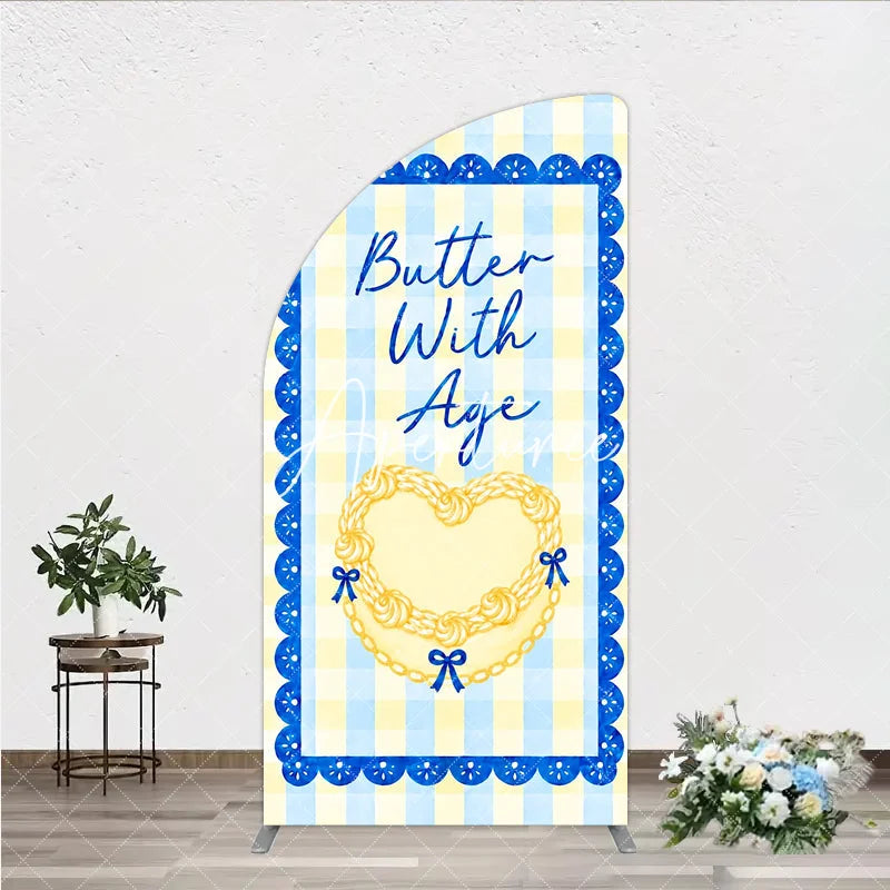 Aperturee - Aperturee Blue and Yellow Gingham Half Moon Arch Backdrop with Scalloped Border Butter With Age Heart Design Birthday Party