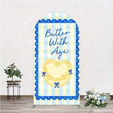 Aperturee - Aperturee Blue and Yellow Gingham Heart Butter With Age Round Top Arch Backdrop Elegant Birthday Party Decor