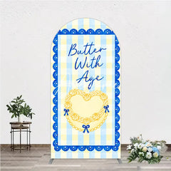 Aperturee - Aperturee Blue and Yellow Gingham Heart Butter With Age Round Top Arch Backdrop Elegant Birthday Party Decor