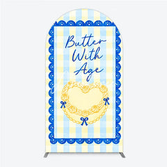 Aperturee - Aperturee Blue and Yellow Gingham Heart Butter With Age Round Top Arch Backdrop Elegant Birthday Party Decor