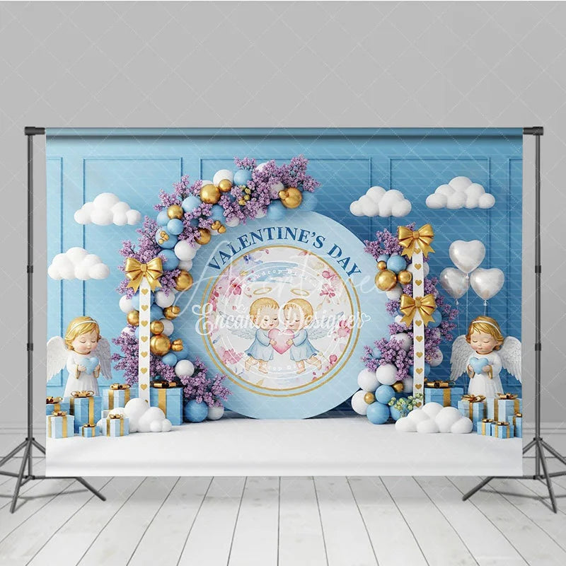 Aperturee - Aperturee Blue Angel Valentine Day Backdrop Cute Cherubs Holding Heart Floral Background Baby Shower Photography Prop