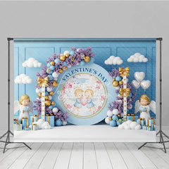 Aperturee - Aperturee Blue Angel Valentine Day Backdrop Cute Cherubs Holding Heart Floral Background Baby Shower Photography Prop