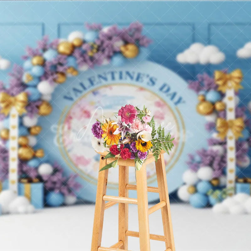Aperturee - Aperturee Blue Angel Valentine Day Backdrop Cute Cherubs Holding Heart Floral Background Baby Shower Photography Prop