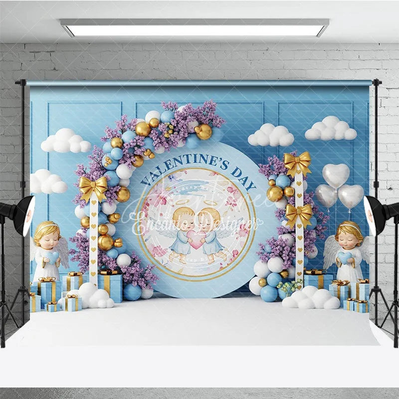 Aperturee - Aperturee Blue Angel Valentine Day Backdrop Cute Cherubs Holding Heart Floral Background Baby Shower Photography Prop