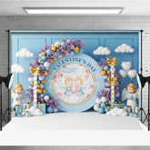 Aperturee - Aperturee Blue Angel Valentine Day Backdrop Cute Cherubs Holding Heart Floral Background Baby Shower Photography Prop