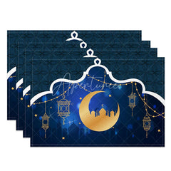 Aperturee - Aperturee Blue Arch Ramadan Set of 4 Placemats Golden Moon and Hanging Lanterns Eid Mubarak Dining Table Mats