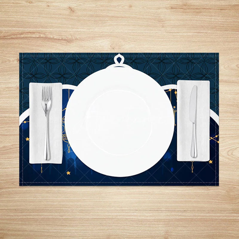 Aperturee - Aperturee Blue Arch Ramadan Set of 4 Placemats Golden Moon and Hanging Lanterns Eid Mubarak Dining Table Mats