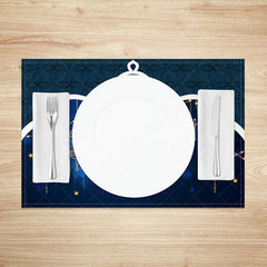Aperturee - Aperturee Blue Arch Ramadan Set of 4 Placemats Golden Moon and Hanging Lanterns Eid Mubarak Dining Table Mats