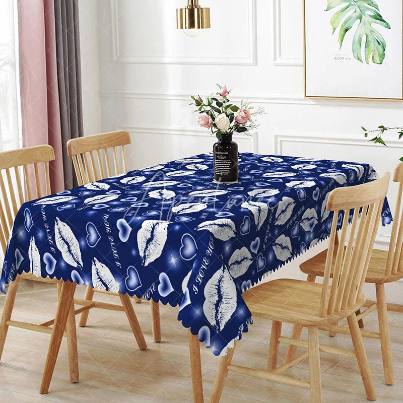 Aperturee - Aperturee Blue Background White Kiss Lip Rectangle Tablecloth I Love You Text Print Modern Romantic Dining Decor