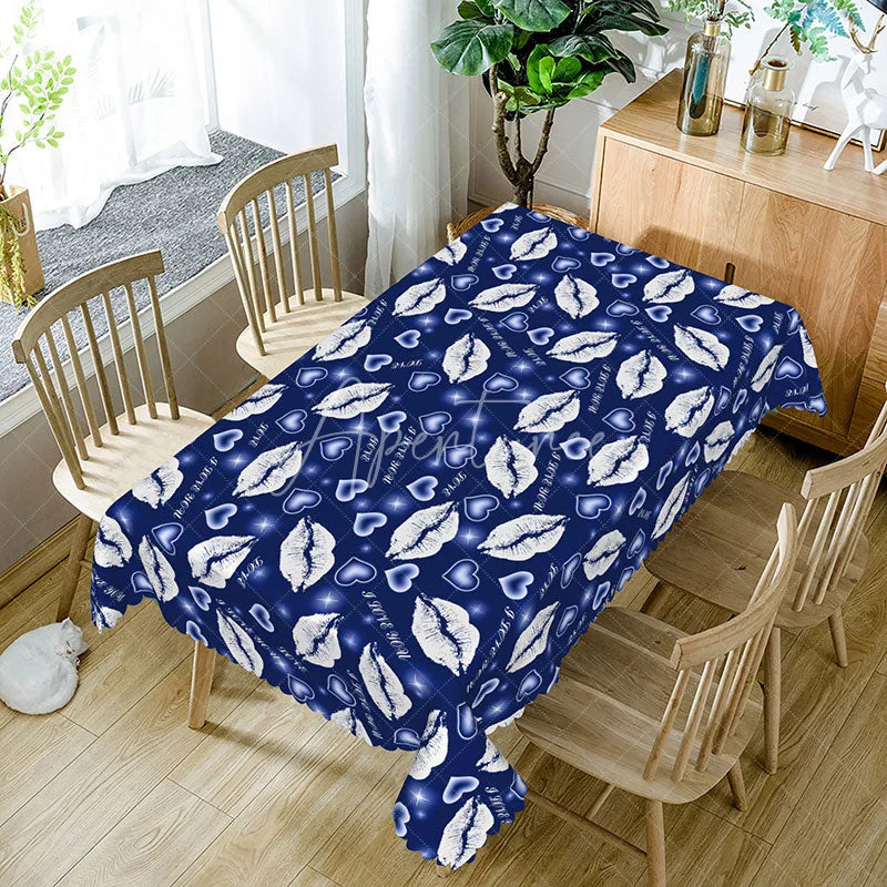 Aperturee - Aperturee Blue Background White Kiss Lip Rectangle Tablecloth I Love You Text Print Modern Romantic Dining Decor