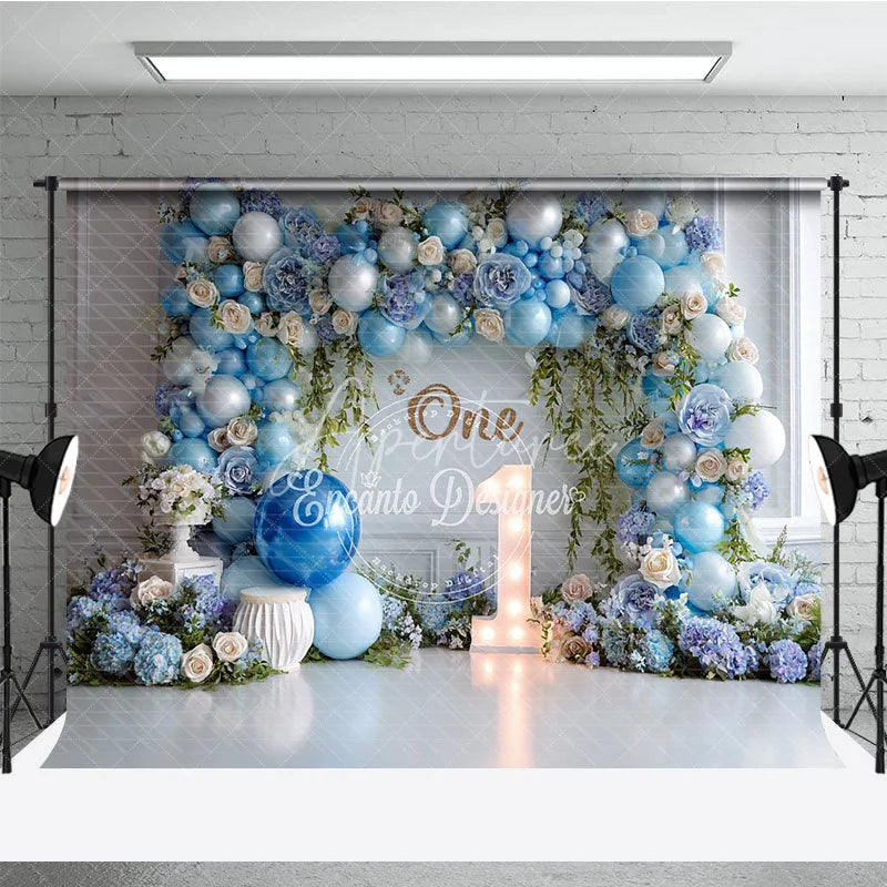 Aperturee - Aperturee Blue Balloon and Floral First Birthday Photography Backdrop Elegant Baby Shower Party Decor