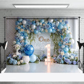 Aperturee - Aperturee Blue Balloon and Floral First Birthday Photography Backdrop Elegant Baby Shower Party Decor
