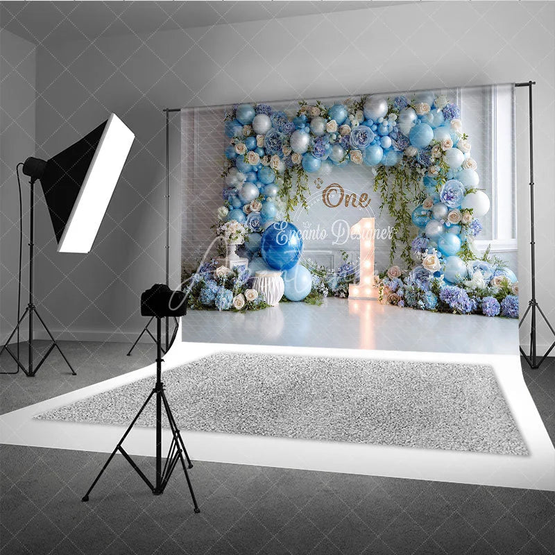 Aperturee - Aperturee Blue Balloon and Floral First Birthday Photography Backdrop Elegant Baby Shower Party Decor