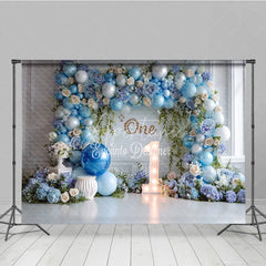 Aperturee - Aperturee Blue Balloon and Floral First Birthday Photography Backdrop Elegant Baby Shower Party Decor