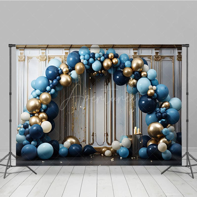 Aperturee - Aperturee Blue Balloons Arch White Gold Wall Photo Backdrop