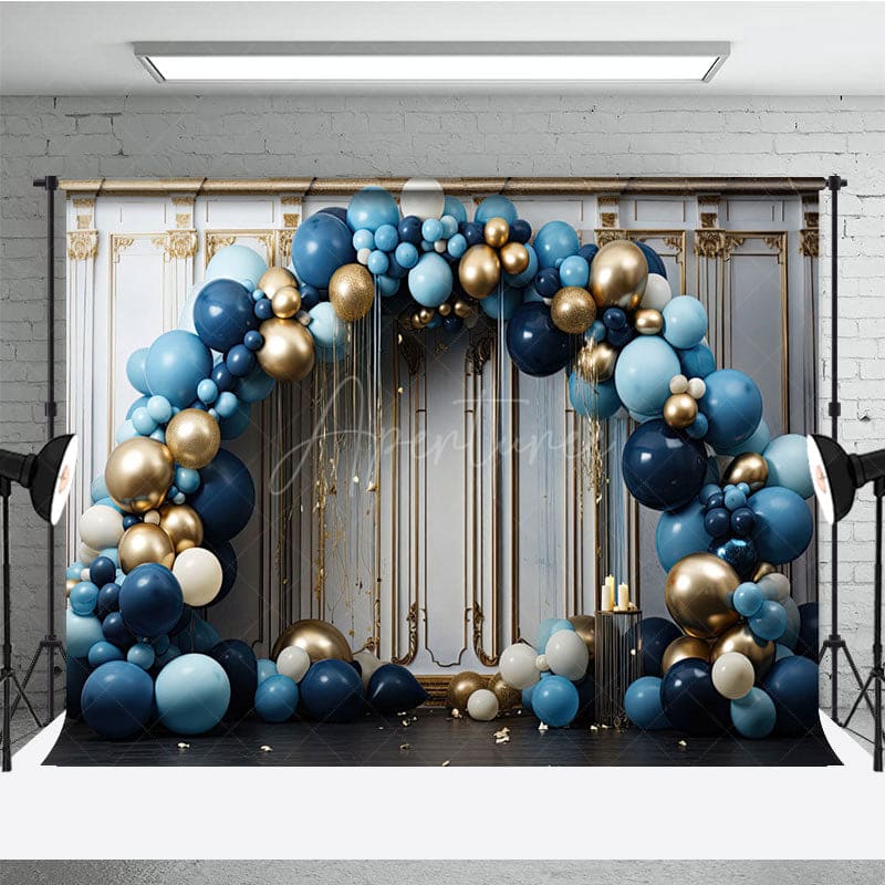 Aperturee - Aperturee Blue Balloons Arch White Gold Wall Photo Backdrop