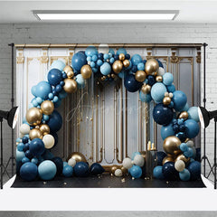 Aperturee - Aperturee Blue Balloons Arch White Gold Wall Photo Backdrop