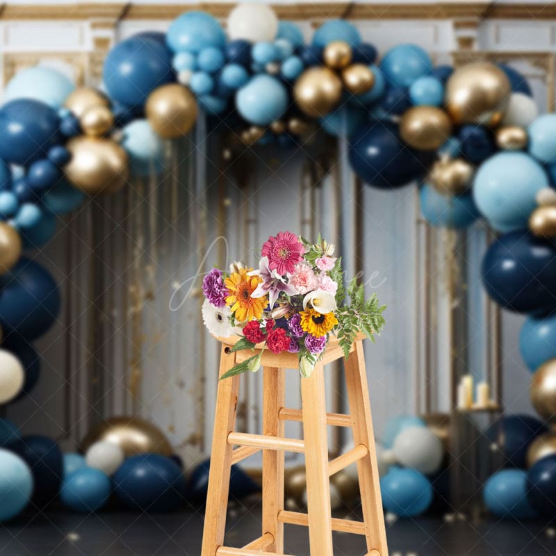 Aperturee - Aperturee Blue Balloons Arch White Gold Wall Photo Backdrop