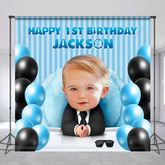 Aperturee - Aperturee Blue Balloons Boss Custom Photo 1st Birthday Backdrop