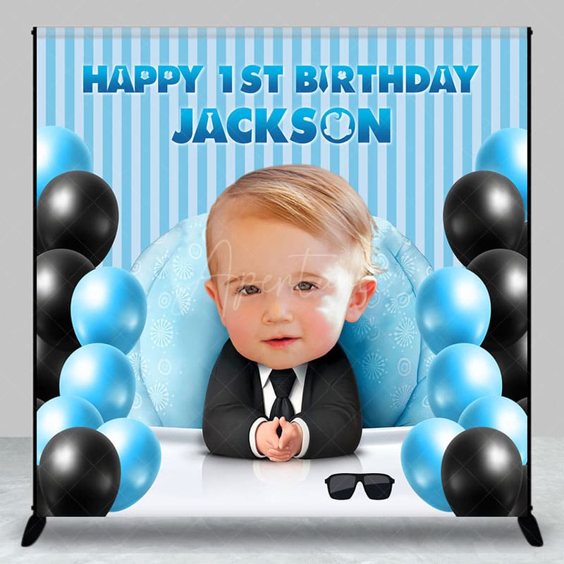 Aperturee - Aperturee Blue Balloons Boss Custom Photo 1st Birthday Backdrop