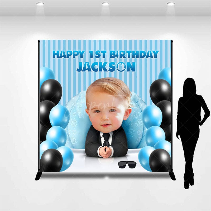 Aperturee - Aperturee Blue Balloons Boss Custom Photo 1st Birthday Backdrop
