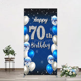 Aperturee - Aperturee Blue Balloons Silver 70Th Birthday Rectangle Backdrop