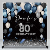 Aperturee - Aperturee Blue Black Balloons Custom Name 80th Birthday Backdrop