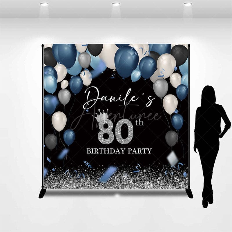 Aperturee - Aperturee Blue Black Balloons Custom Name 80th Birthday Backdrop