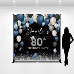 Aperturee - Aperturee Blue Black Balloons Custom Name 80th Birthday Backdrop