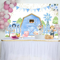 Aperturee - Aperturee Blue Cartoon Farm Flags Floral Birthday Backdrop