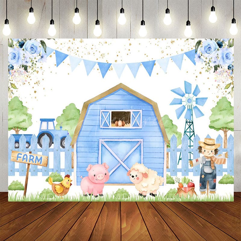 Aperturee - Aperturee Blue Cartoon Farm Flags Floral Birthday Backdrop