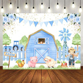Aperturee - Aperturee Blue Cartoon Farm Flags Floral Birthday Backdrop