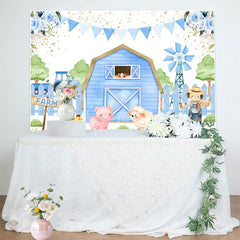 Aperturee - Aperturee Blue Cartoon Farm Flags Floral Birthday Backdrop
