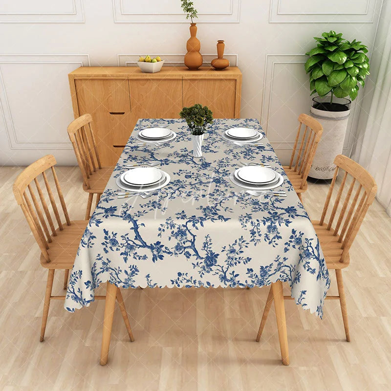 Aperturee - Aperturee Blue Chinoiserie Floral Rectangle Tablecloth Vintage Tree Branch Dining Table Cover for Event
