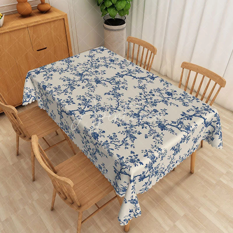 Aperturee - Aperturee Blue Chinoiserie Floral Rectangle Tablecloth Vintage Tree Branch Dining Table Cover for Event
