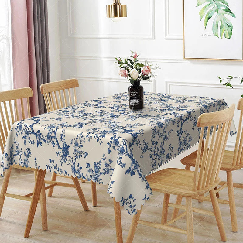 Aperturee - Aperturee Blue Chinoiserie Floral Rectangle Tablecloth Vintage Tree Branch Dining Table Cover for Event