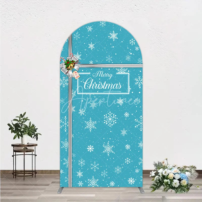 Aperturee - Aperturee Blue Christmas Snowflake Arch Backdrop Silver Ribbon Gift Box Decor Winter Holiday Theme Background for Party