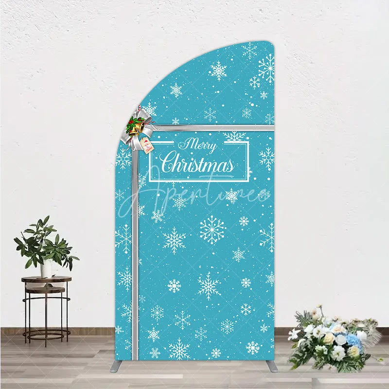 Aperturee - Aperturee Blue Christmas Snowflake Half Moon Arch Backdrop Silver Ribbon Gift Box Decor Winter Holiday Theme Background