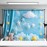 Aperturee - Aperturee Blue Cloud Sky Curtain Bear Star Cake Smash Backdrop