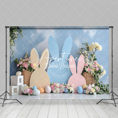 Aperturee - Aperturee Blue Cloud Wall Bunny Ear Floral Eggs Easter Backdrop
