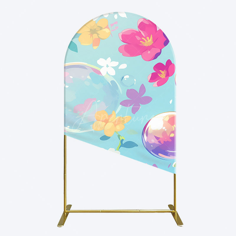 Aperturee - Aperturee Blue Colorful Floral Bubbles Birthday Arch Backdrop