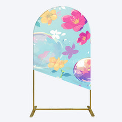 Aperturee - Aperturee Blue Colorful Floral Bubbles Birthday Arch Backdrop