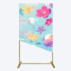 Aperturee - Aperturee Blue Colorful Floral Bubbles Birthday Rectangle Backdrop