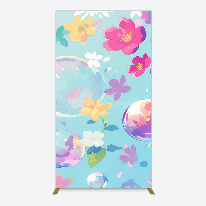 Aperturee - Aperturee Blue Colorful Floral Bubbles Birthday Rectangle Backdrop