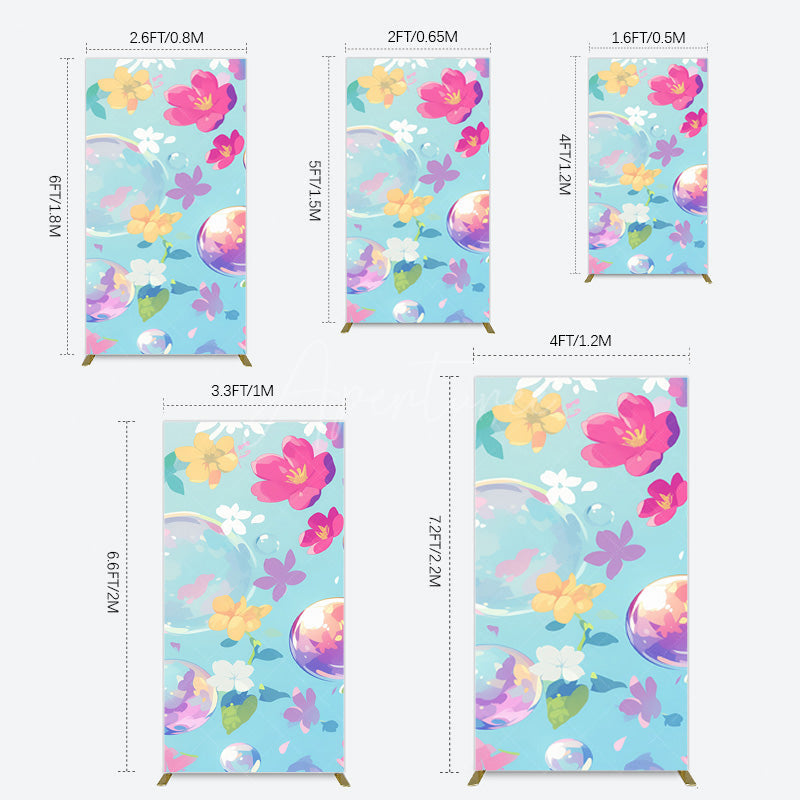Aperturee - Aperturee Blue Colorful Floral Bubbles Birthday Rectangle Backdrop
