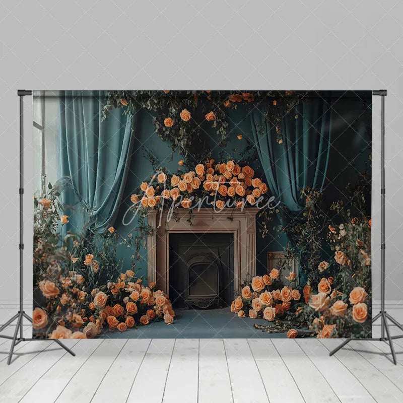 Aperturee - Aperturee Blue Curtain Romantic Floral Leaf Wedding Backdrop