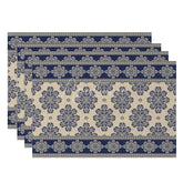 Aperturee - Aperturee Blue Damask Set of 4 Placemats Vintage Paisley Floral Pattern Elegant Beige Border Table Mats