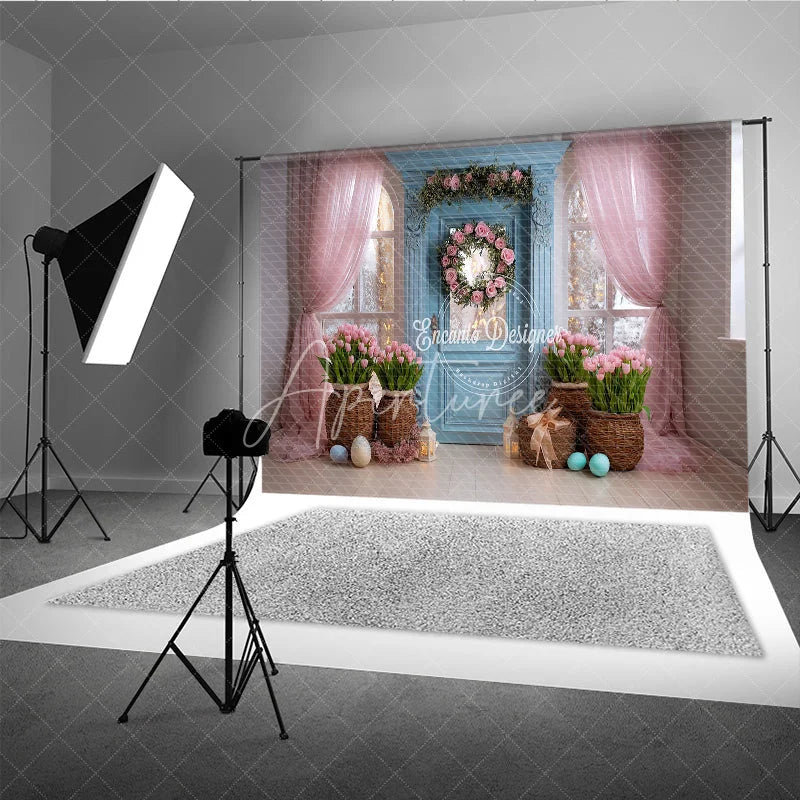 Aperturee - Aperturee Blue Door Pink Tulips Easter Photography Backdrop Rose Wreath and Tulle Curtains Studio Background