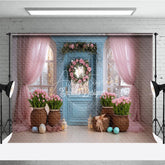 Aperturee - Aperturee Blue Door Pink Tulips Easter Photography Backdrop Rose Wreath and Tulle Curtains Studio Background