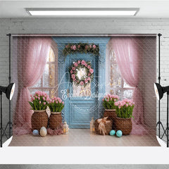 Aperturee - Aperturee Blue Door Pink Tulips Easter Photography Backdrop Rose Wreath and Tulle Curtains Studio Background